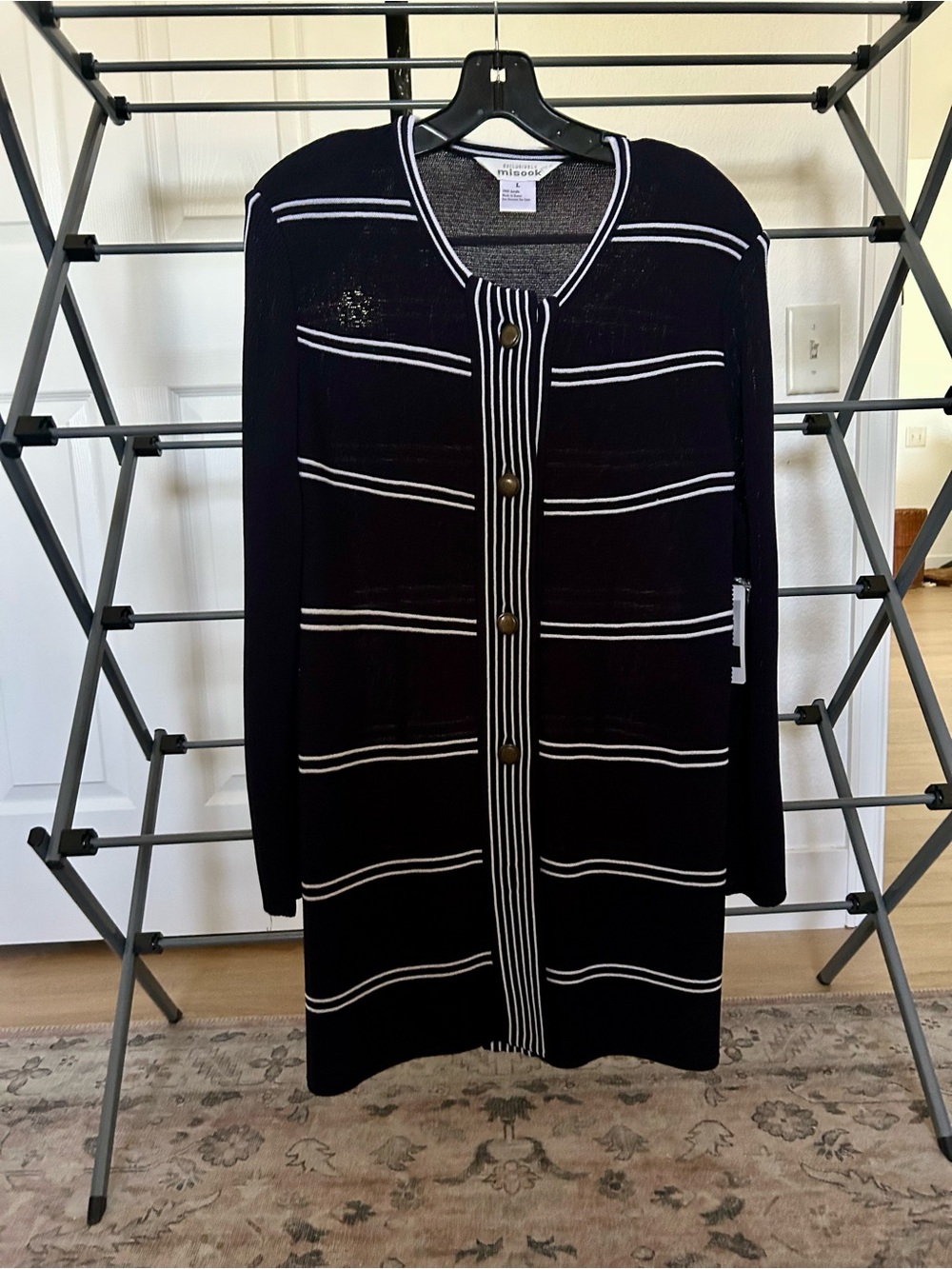 Misook Black and White Striped Button-Front Cardigan
